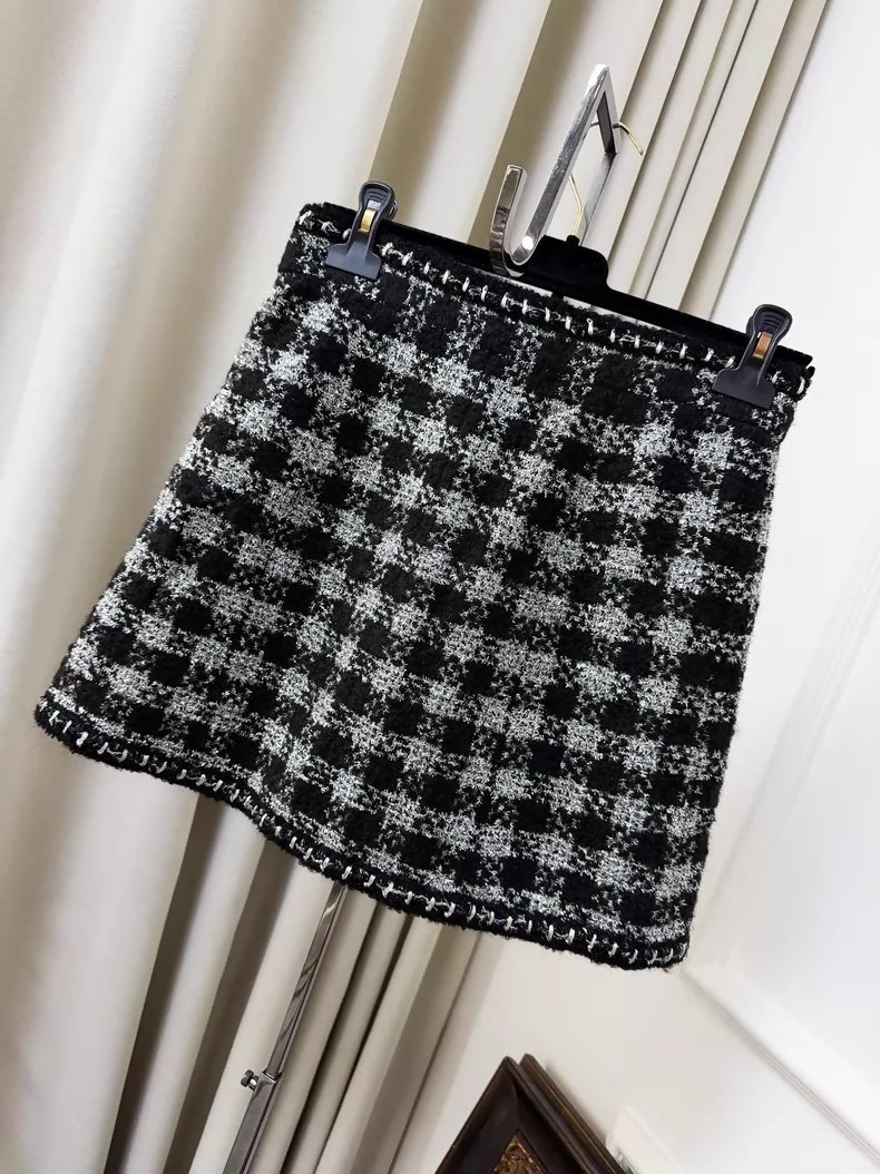 Chanel black and silver Damier tweed skirt