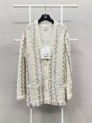 Chanel White Woven Glitter V-Neck Jacket