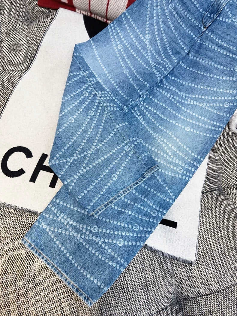 Chanel 25p blue wide leg jeans with pearl chain print logo