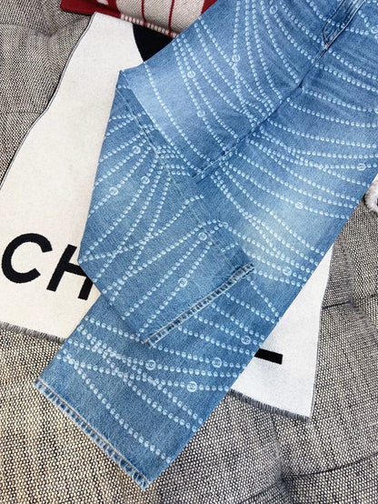 Chanel 25p blue wide leg jeans with pearl chain print logo