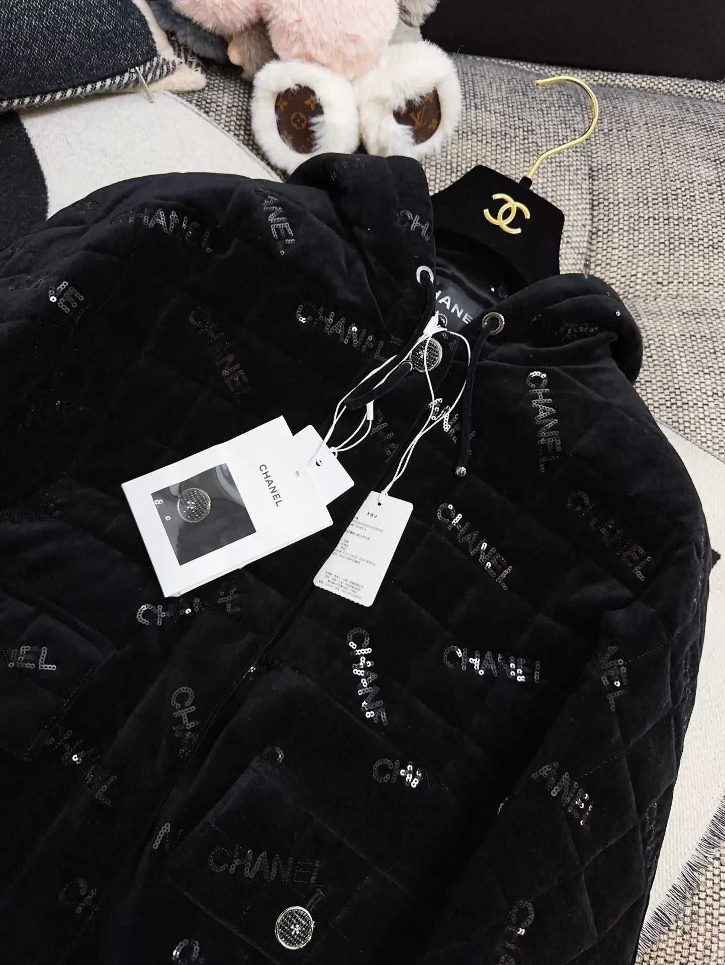 Chanel 22B black velvet sequined logo embroidered jacket