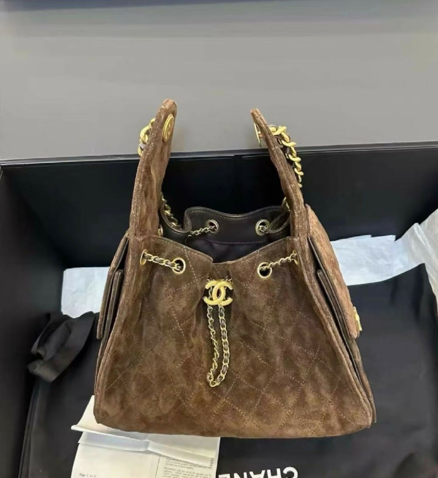 Chanel 2025 Suede Calfskin & Gold Metal Dark Brown Small Handbag