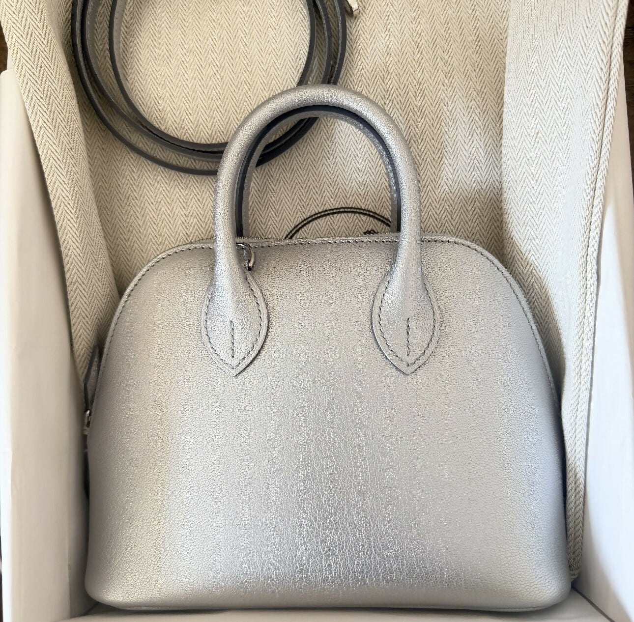 Hermès Mini Bolide Metallic Silver (Argent) Chèvre Mysore with Palladium Hardware
