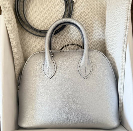 Hermès Mini Bolide Metallic Silver (Argent) Chèvre Mysore with Palladium Hardware