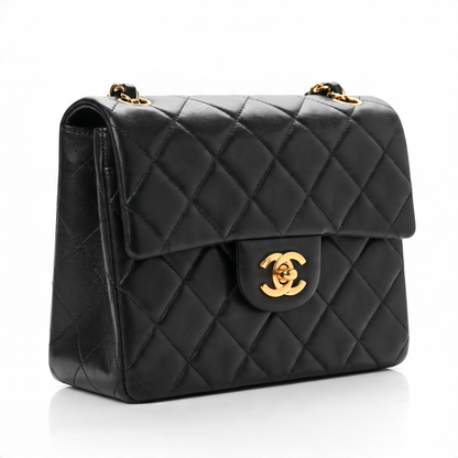Vintage Chanel Black Quilted Lambskin Mini Square Timeless Classic Flap Bag 24K gold hardware
