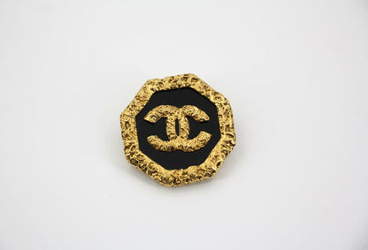 Chanel Vintage 93A Lava Octagonal CC Logo Black and Gold Tone Brooch