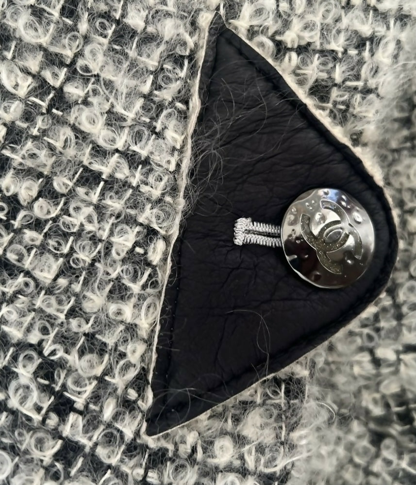 Chanel 10A Shanghai Shearling Tweed CC Grey Black Leather Trim Jacket Coat FR 36