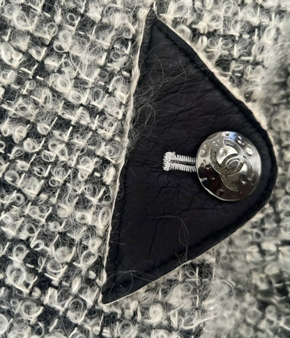 Chanel 10A Shanghai Shearling Tweed CC Grey Black Leather Trim Jacket Coat FR 36