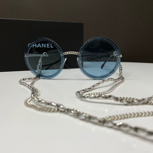 Chanel blue chain design round frame glasses sunglasses