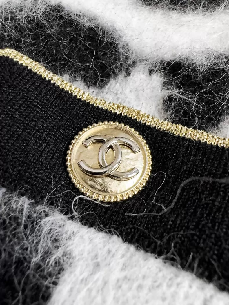 Chanel 20A Black and White Camellia Mohair Sweater with Gold Buttons