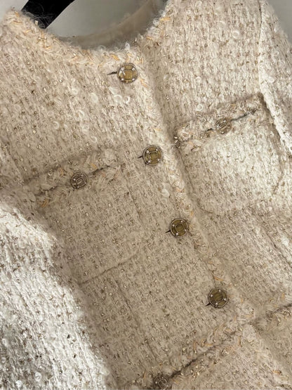 Chanel 19A ecru gold tweed jacket