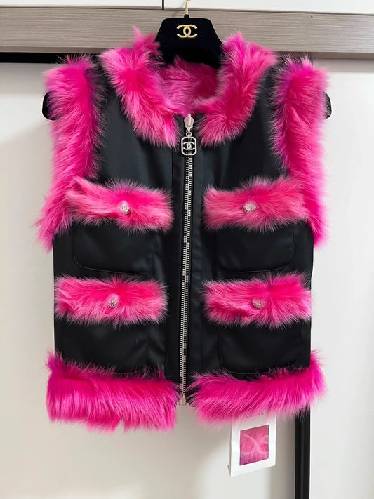 Chanel 23N Pink & Black  Reversible Fur Vest