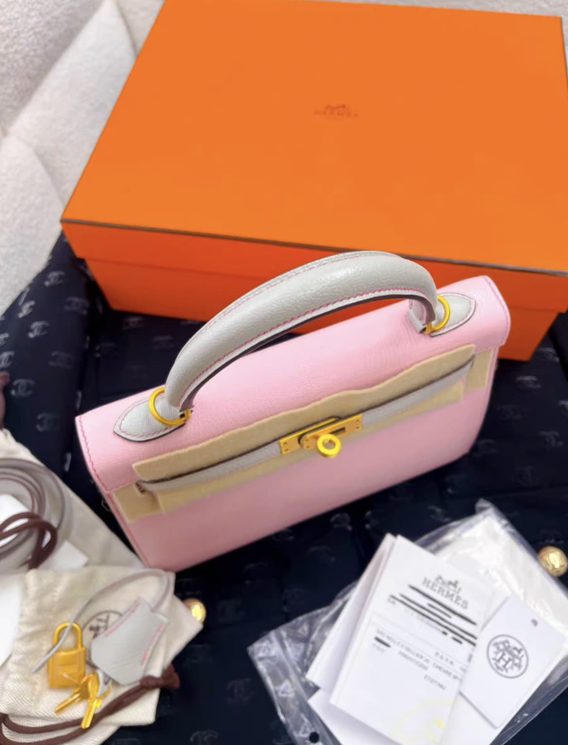 Hermes Kelly 25 Sellier Rose sakura/Pearl grey Chevre myzore