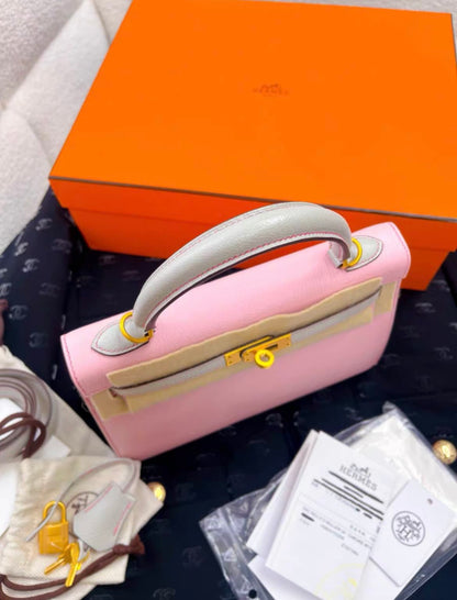 Hermes Kelly 25 Sellier Rose sakura/Pearl grey Chevre myzore goatskin Matt gold hardware