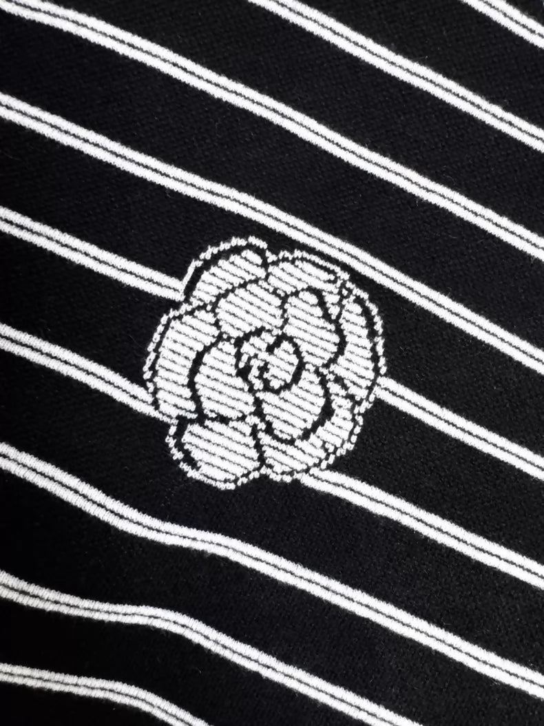 Chanel 23k black and white striped camellia double C logo knit sweater
