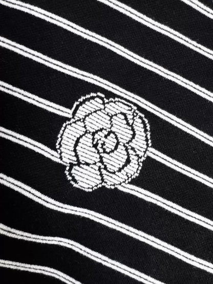 Chanel 23k black and white striped camellia double C logo knit sweater