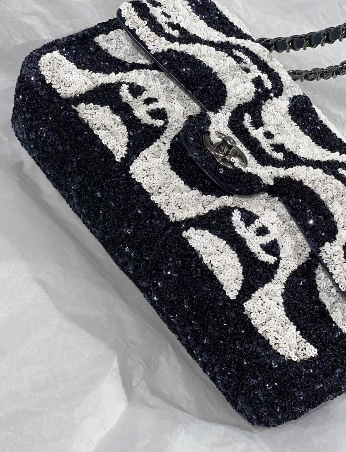 Chanel 21C Black and White Sequin Graffiti Logo Medium Classic