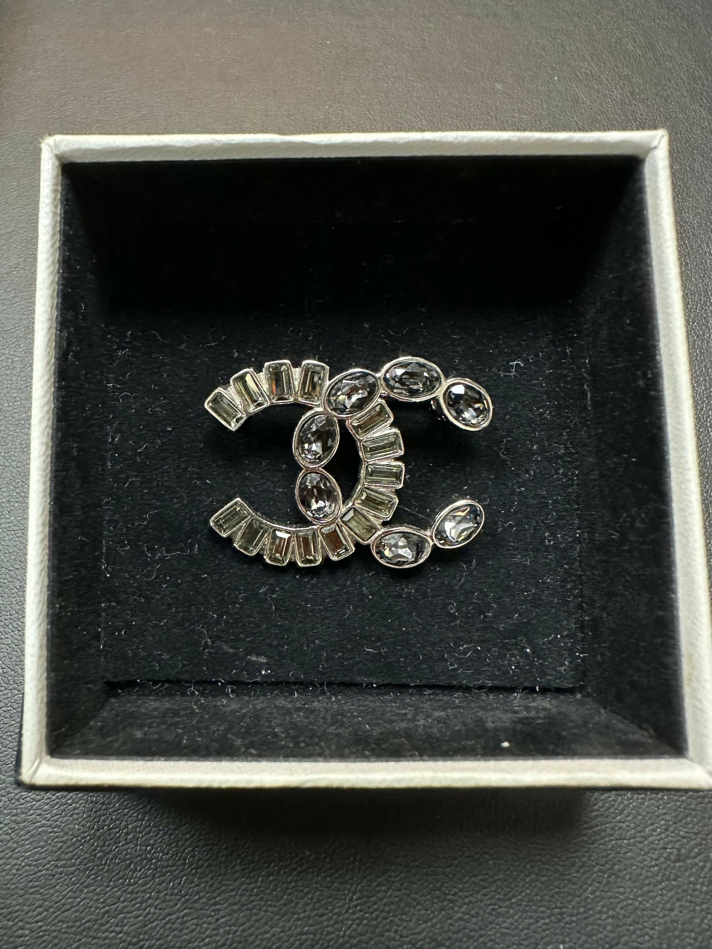 Chanel 2017 Rhinestone Sliver Grey Cocoa Mark Brooch