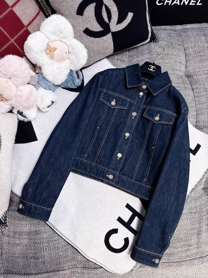 Chanel 25C navy blue denim jacket with silver buttons