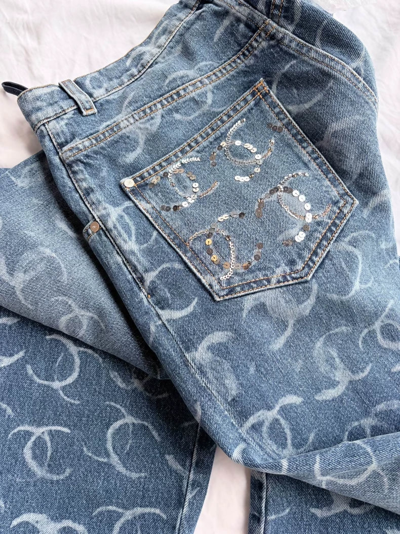 Chanel 23B blue denim cc logo wide-leg jeans