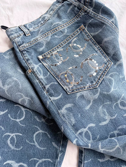 Chanel 23B blue denim cc logo wide-leg jeans
