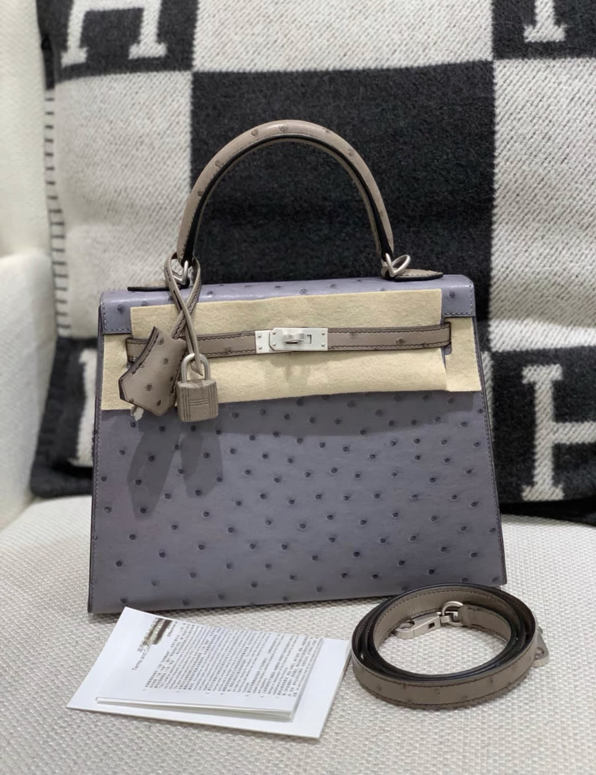 Hermès Hermès Kelly Sellier 25 Horseshoe Stamp (HSS), Bi-Color: Gris Agate, Ostrich Leather, Palladium Hardware - Kelly 25 Crossbody Bag - Vintage fashion from Wararni