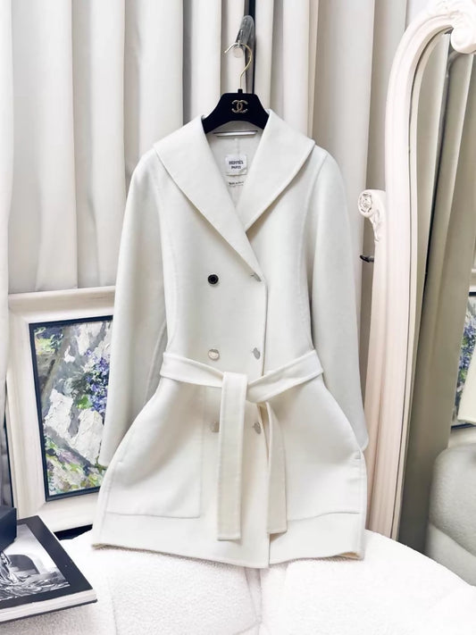 Hermes white cashmere belted coat