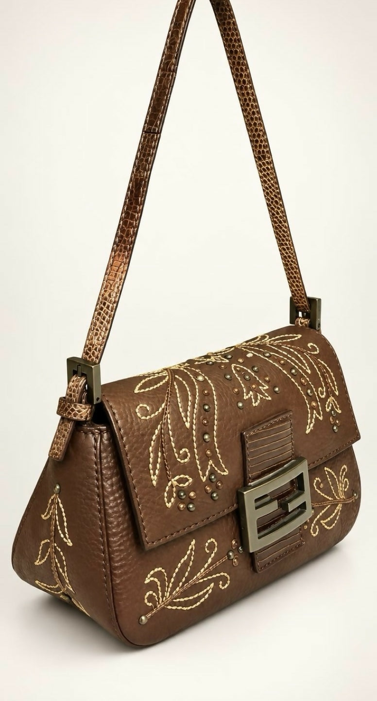 Fendi Limited Edition Dark Brown Leather Lizard Embroidered Mini Mamma Baguette Bag
