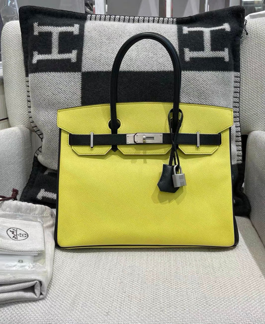 Hermès Hermès Horseshoe Stamp (HSS) Lemon and black Birkin 30cm of Epsom Leather with Palladium hardware - 30 Tote Bag - Used fashion item from Wararni