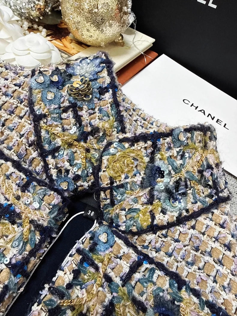 Chanel 21A khaki and blue sequined embroidered vest