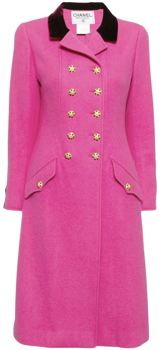 Rare Chanel 96A Vintage Pink & Burgundy Velvet Trim Gripoix Double Breasted Coat FR 38