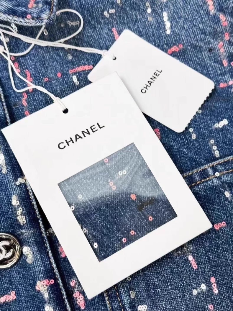 Chanel 23A Sequin Embroidered Denim Jacket