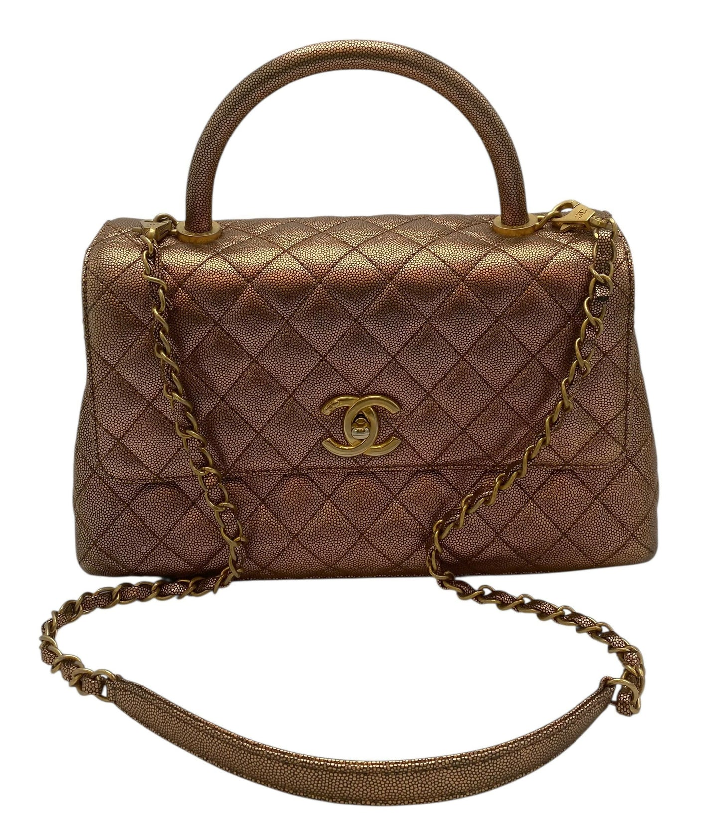Chanel 19A Medium Metallic Rose Gold Copper Caviar Quilted Timeless Coco Handle Flap Bag
