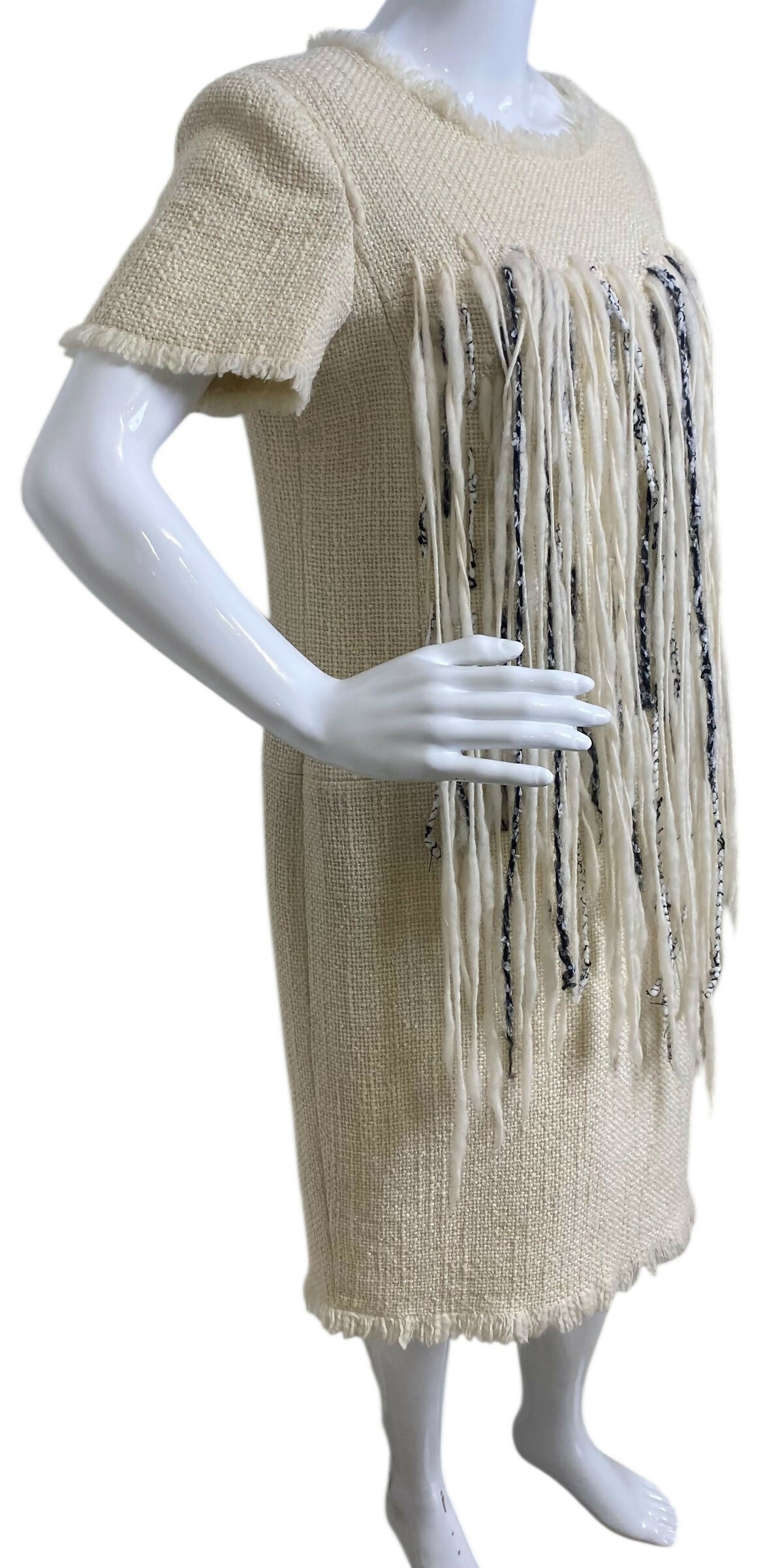 Chanel 10A ‘Arctic Ice’ Micro Pearl Beaded Fringe Ivory Tweed Shift Dress FR 44