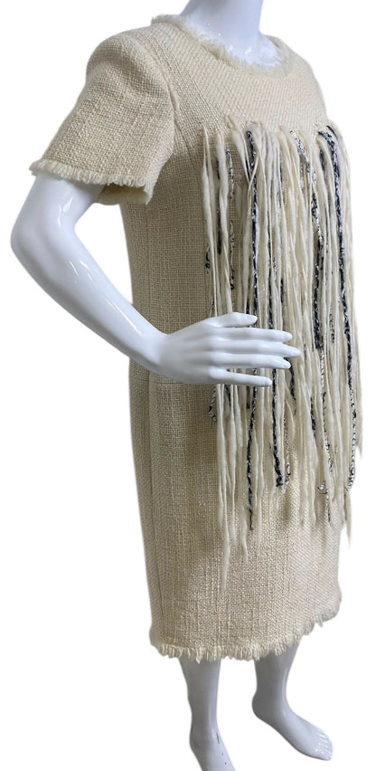 Chanel 10A ‘Arctic Ice’ Micro Pearl Beaded Fringe Ivory Tweed Shift Dress FR 44