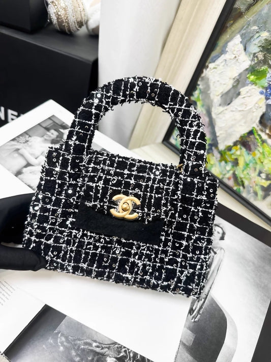 Chanel 24K Kelly Nano black and white tweed sequined shoulder bag with gold hardware
