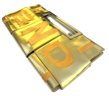 Rare Vintage Fendi 2007 Limited Edition Metallic Gold Patent Leather Crossword Clutch Bag