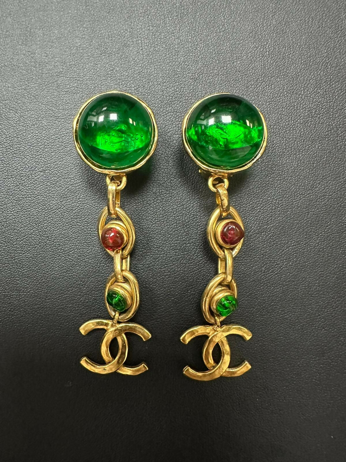 Chanel Vintage 93 Gripoix & Gold Plated Green Red CC Dangle Clip-on Earrings
