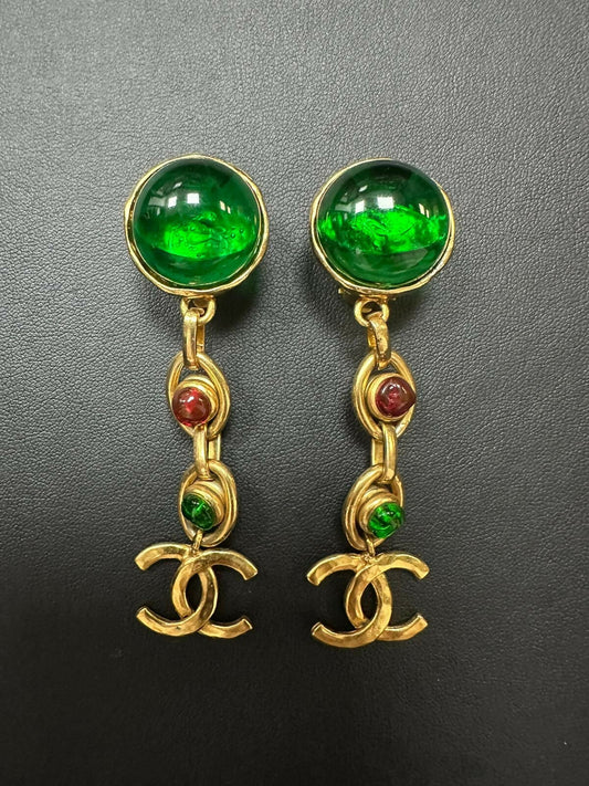 Chanel Vintage 93 Gripoix & Gold Plated Green Red CC Dangle Clip-on Earrings