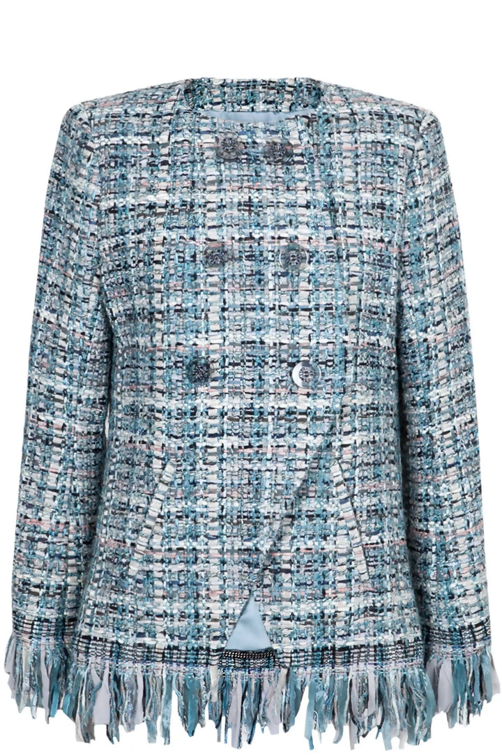 Chanel 17A Paris-Cosmopolite Blue Fantasy Tweed Fringe Jacket FR 44