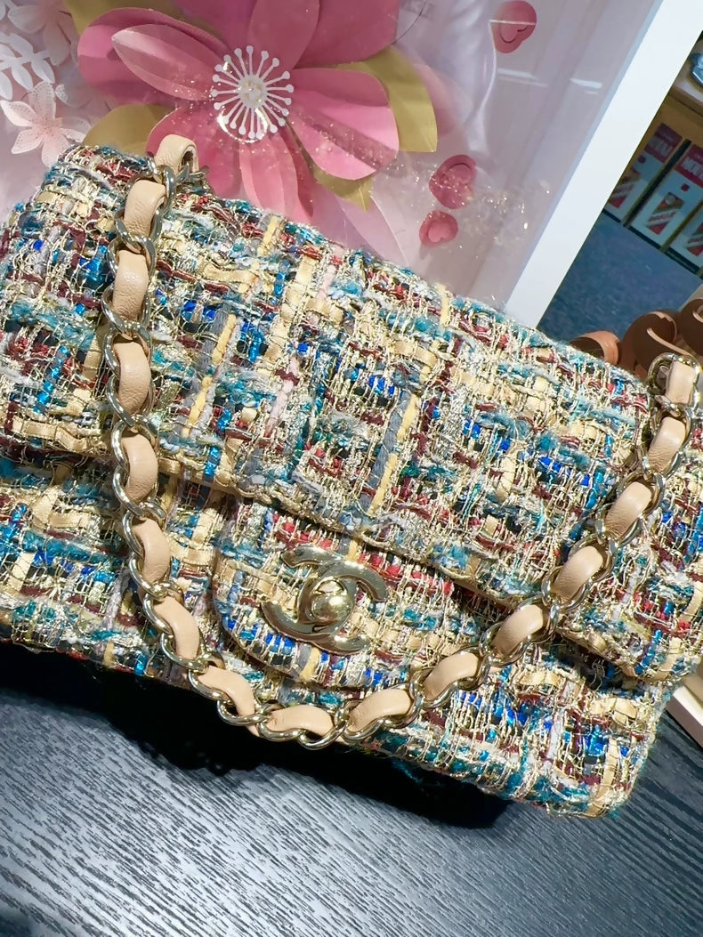 Chanel 19A mixed gold tweed CF mini chain bag