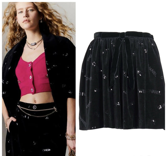 CHANEL 22B COCO NEIGE VELVET BLACK SEQUIN CC BOW SKIRT FR 38