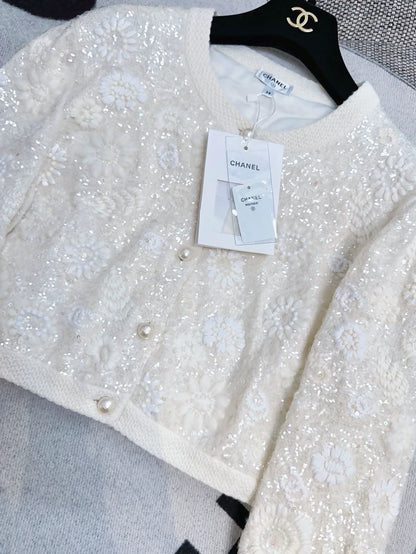 Chanel 21S ecru embroidered sequined camellia knit cardigan