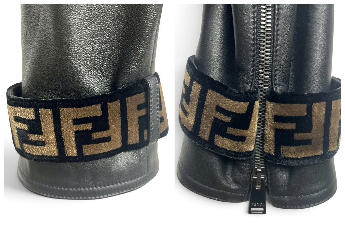Fendi Black Leather Zucca Velvet Trim Biker Jacket