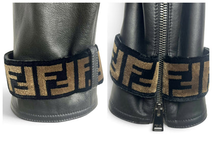 Fendi Black Leather Zucca Velvet Trim Biker Jacket