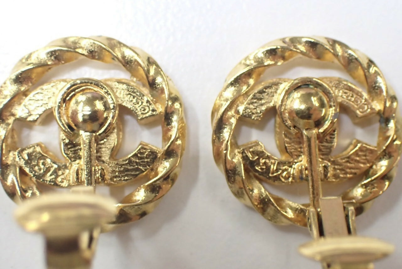 Chanel Vintage Rhinestone Gold Plated CC Logo Clip-on Earrings