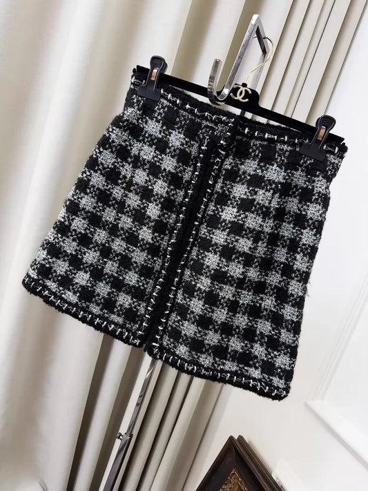 Chanel black and silver Damier tweed skirt