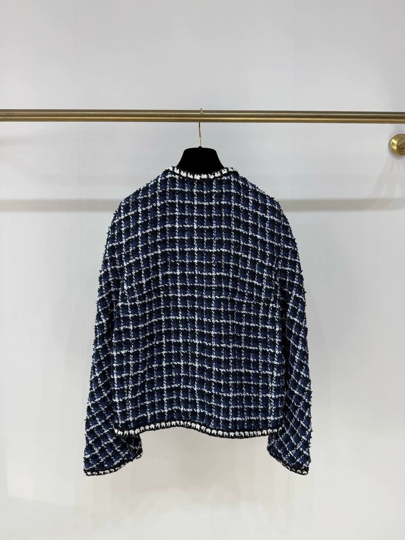 Chanel 23P blue and white checked tweed jacket