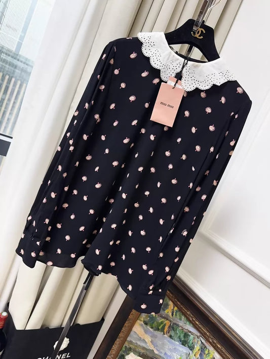 Miu Miu black silk blouse with pink mushroom print