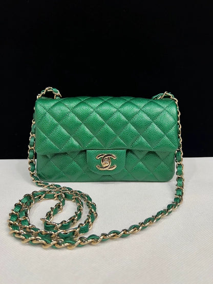 CHANEL Emerald Green Lychee Pattern Large Mini Flap Bag